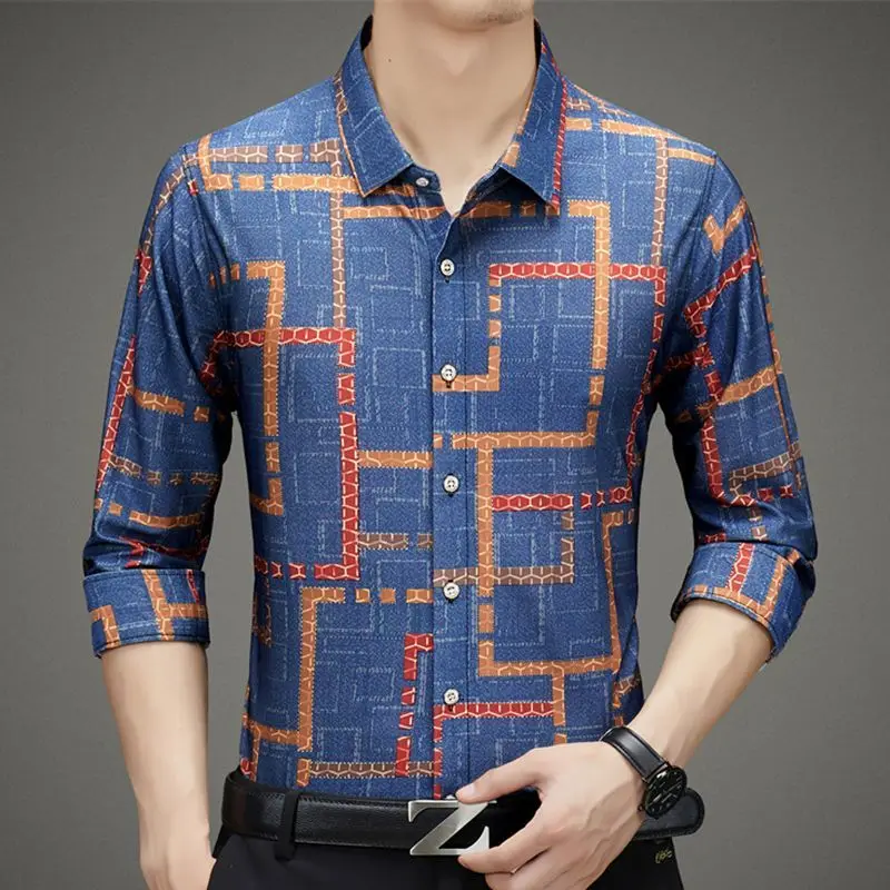 Модные деловые рубашки с лацканами и принтом, мужская одежда 2023 года, новые корейские топы большого размера, повседневная рубашка с коротким рукавом