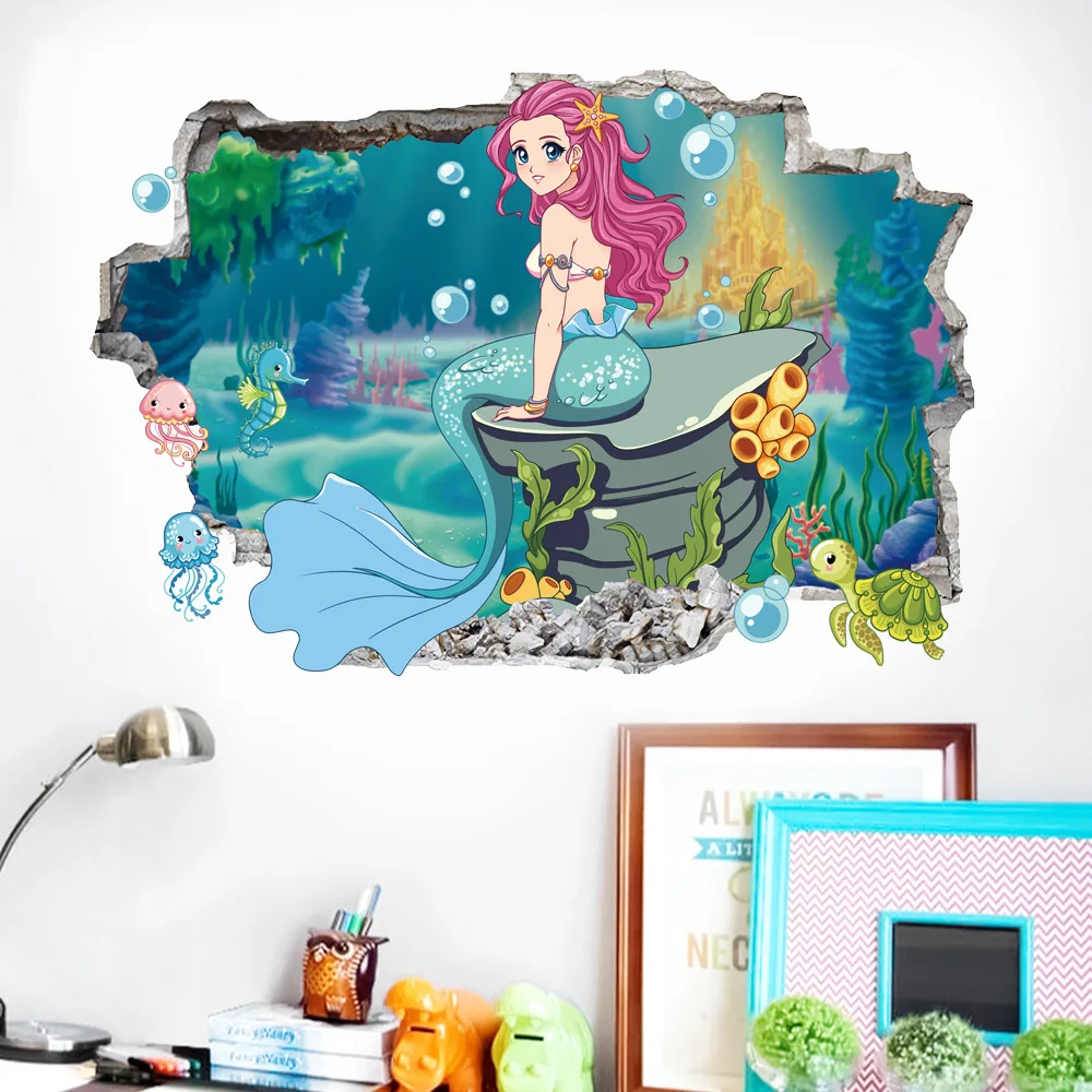 украшение комнаты для девочек 3d наклейка на стену в виде русалки, самоклеящаяся наклейка на стену для окна спальни для мальчиков, художественная наклейка на стену
