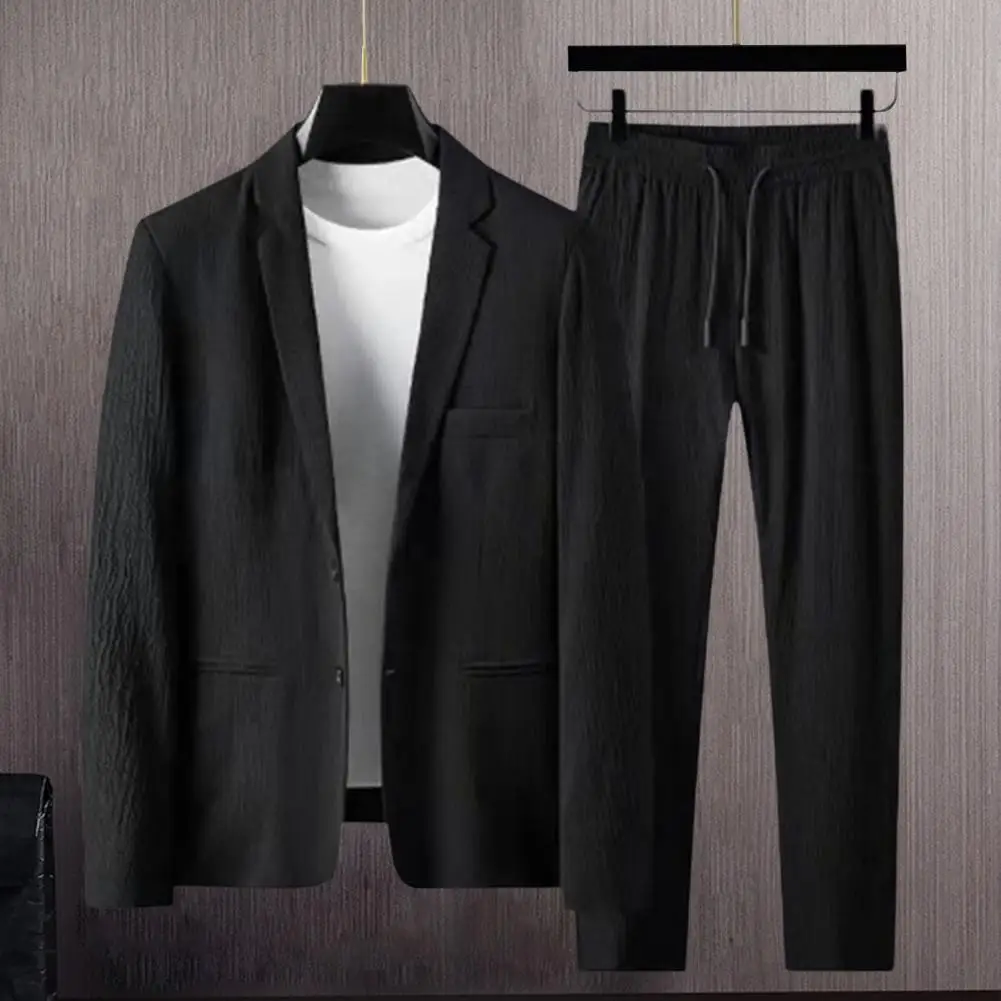 Мужское пальто, комплект брюк, Однотонный костюм-двойка, Стильный мужской костюм В полоску, Комплект Пальто с мягкой эластичной резинкой на талии, брюки со Складками для Плюс