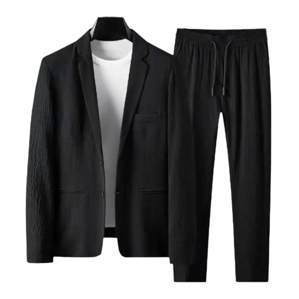 Мужское пальто, комплект брюк, Однотонный костюм-двойка, Стильный мужской костюм В полоску, Комплект Пальто с мягкой эластичной резинкой на талии, брюки со Складками для Плюс