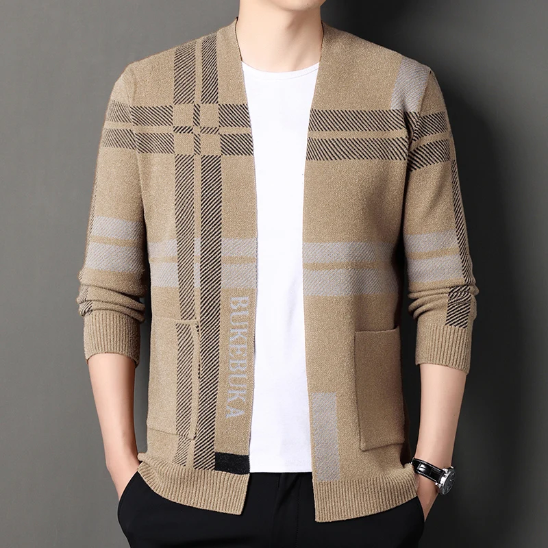 Легкий роскошный вязаный кардиган в клетку высокого класса, весенне-осенний мужской новый модный бренд, персонализированная шаль, повседневный свитер, пальто