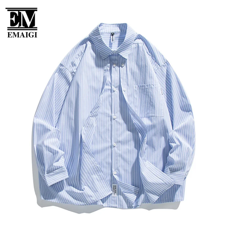 Двубортная планка, мужские свободные повседневные рубашки в полоску с длинным рукавом Cityboy, японская уличная одежда, модная рубашка-карго, блузка