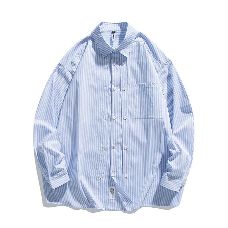 Двубортная планка, мужские свободные повседневные рубашки в полоску с длинным рукавом Cityboy, японская уличная одежда, модная рубашка-карго, блузка