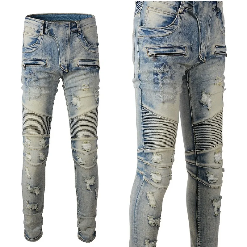 Модные брендовые мужские джинсы 2023, повседневные винтажные синие брюки, уличная одежда, приталенный крой, Градиентный цвет, рваная полосатая подкладка, накладные брюки