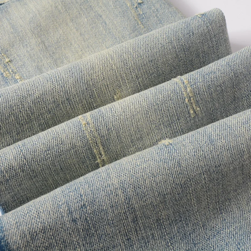 Модные брендовые мужские джинсы 2023, повседневные винтажные синие брюки, уличная одежда, приталенный крой, Градиентный цвет, рваная полосатая подкладка, накладные брюки