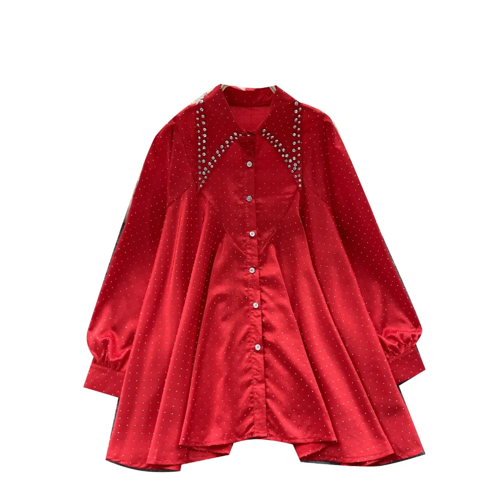 Осенняя модная блузка для женщин с отложным воротником, лацканами в бриллиантовой оправе, свободные рубашки, шикарные повседневные женские топы, прямая поставка
