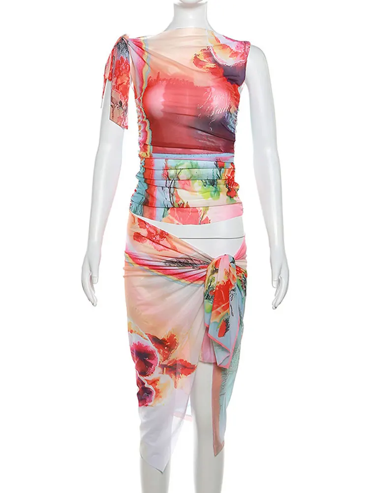 Женский топ с принтом, раздельный костюм с юбкой, элегантная тонкая юбка, комплект из двух предметов, женская модная уличная одежда 2023, лето