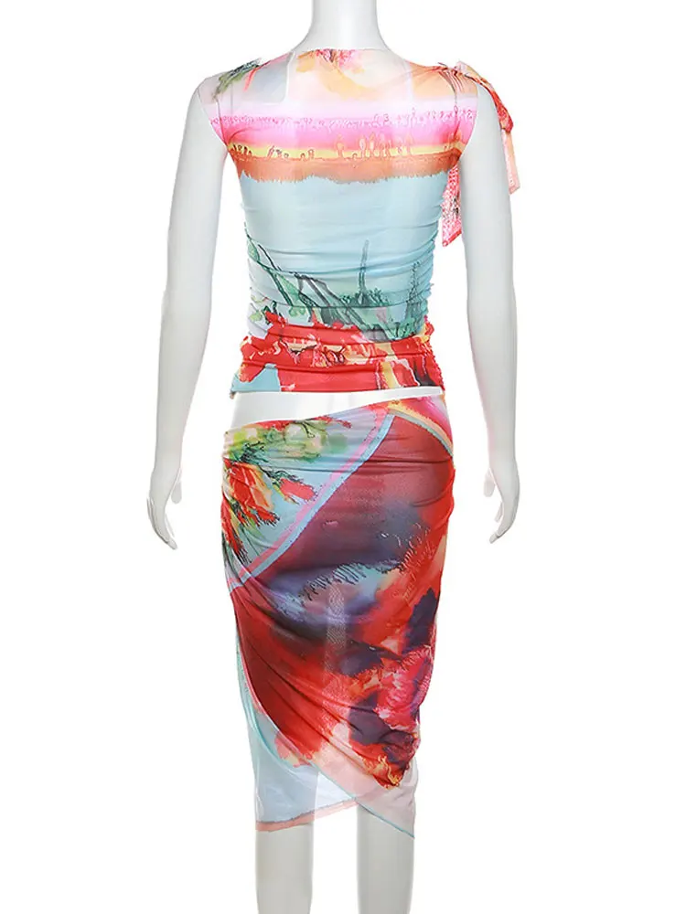 Женский топ с принтом, раздельный костюм с юбкой, элегантная тонкая юбка, комплект из двух предметов, женская модная уличная одежда 2023, лето