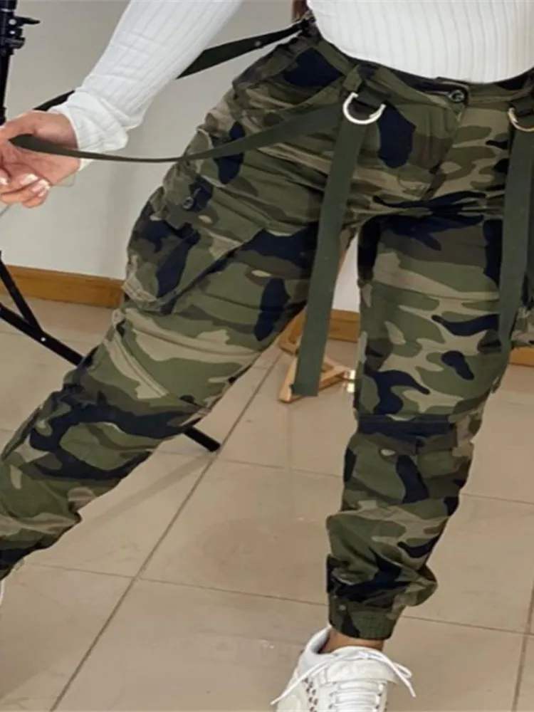 Женские спортивные брюки-карго с камуфляжным принтом, военные брюки с высокой талией, застежкой на пуговицу и молнию, боковые карманы, длинные брюки