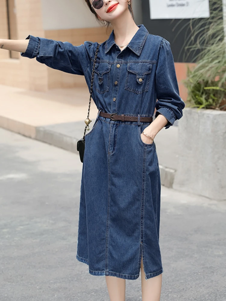 Женское платье 2023, Осеннее винтажное джинсовое платье во французском стиле, трапециевидный топ с длинным рукавом, рубашка с разрезом на поясе, женская одежда средней длины