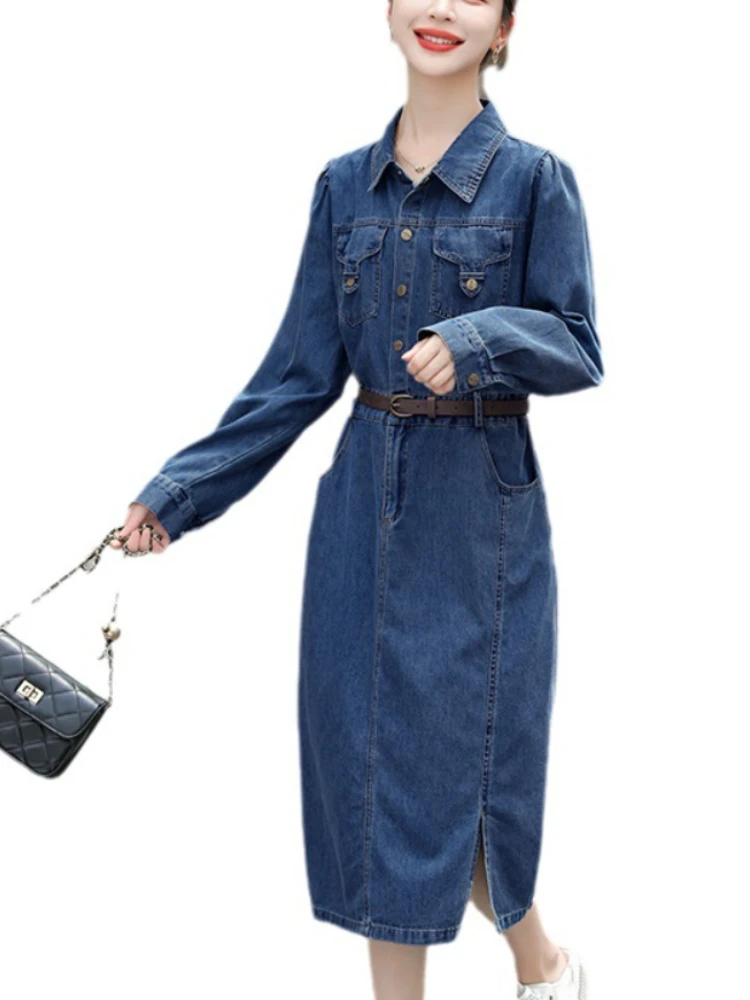 Женское платье 2023, Осеннее винтажное джинсовое платье во французском стиле, трапециевидный топ с длинным рукавом, рубашка с разрезом на поясе, женская одежда средней длины