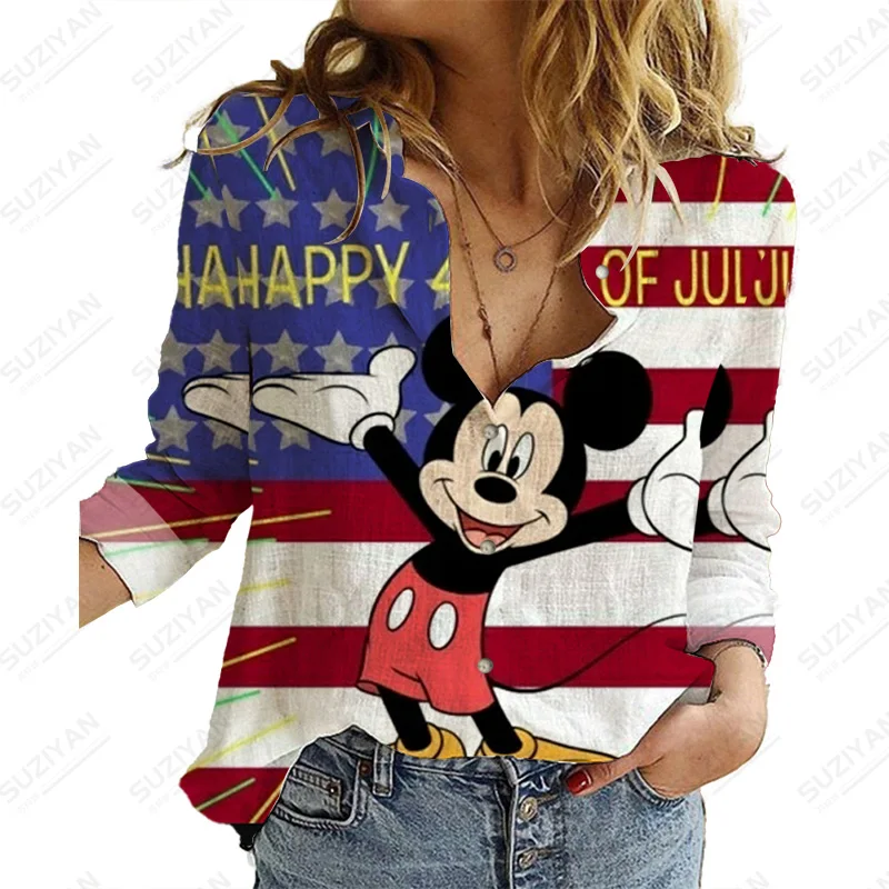Модный Новый женский топ, модная рубашка с длинным рукавом, Элегантная блузка с отложным воротником, повседневная женская рубашка Disney Minnie Button
