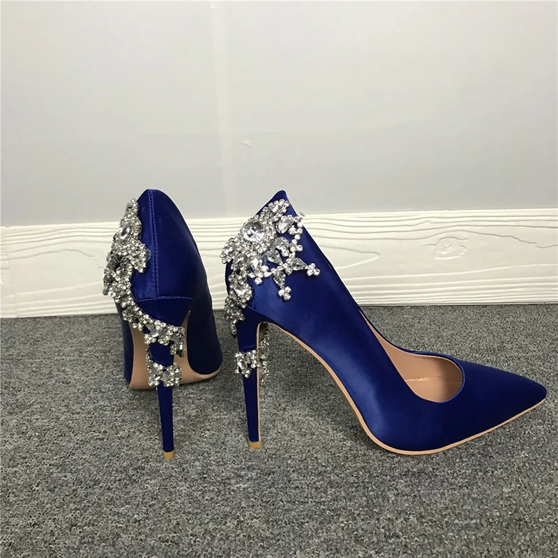 Первоначальное намерение Элегантные женские туфли-лодочки темно-синего цвета из атласа с кристаллами, вечерние свадебные туфли на тонком высоком каблуке с острым носком, большие размеры 4-15