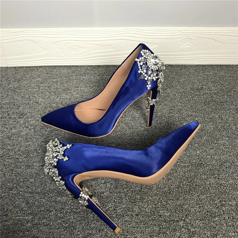Первоначальное намерение Элегантные женские туфли-лодочки темно-синего цвета из атласа с кристаллами, вечерние свадебные туфли на тонком высоком каблуке с острым носком, большие размеры 4-15