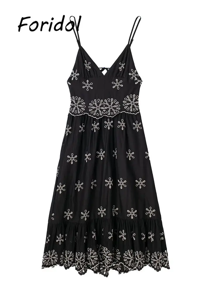 Женское черное платье с винтажной вышивкой и цветочным рисунком, сарафан без рукавов с открытой спиной, летнее бохо-вечернее элегантное повседневное платье, новинка