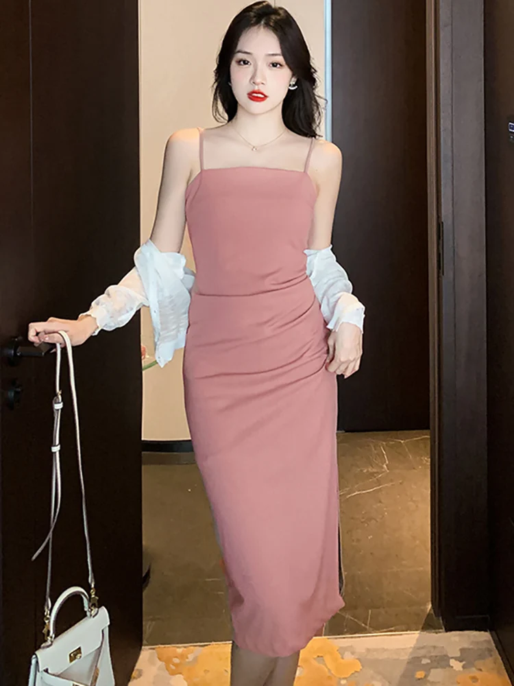 Женские Корейские элегантные комплекты праздничных платьев Bodycon 2023, Летнее новое Розовое плиссированное платье-слинг с разрезом + Белые костюмы Caridgan с длинным рукавом