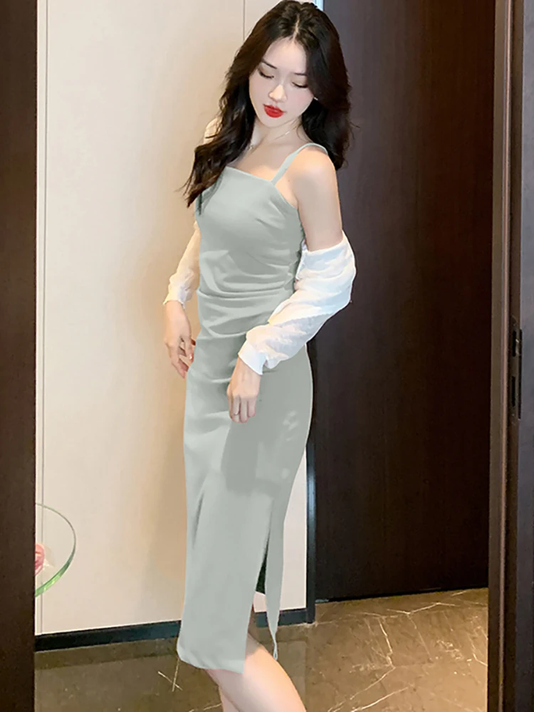 Женские Корейские элегантные комплекты праздничных платьев Bodycon 2023, Летнее новое Розовое плиссированное платье-слинг с разрезом + Белые костюмы Caridgan с длинным рукавом