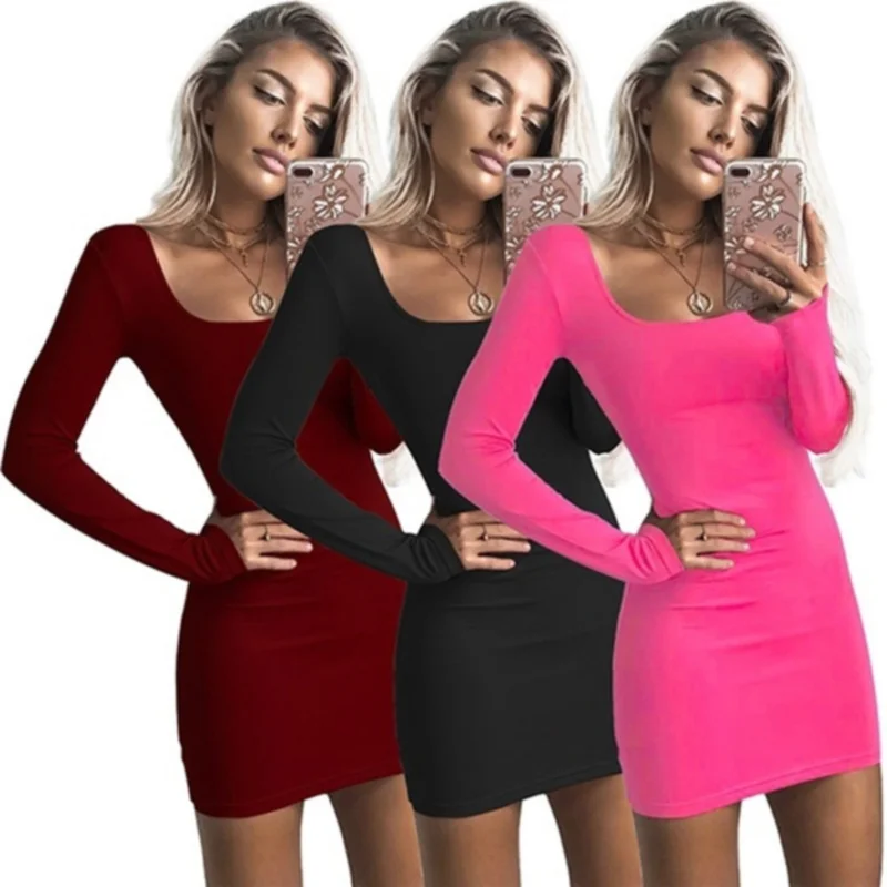 Сексуальное облегающее платье с длинным рукавом, женское клубное платье 2022, осень, Однотонное, с квадратным вырезом, винно-красное, черное женское мини-платье, зима
