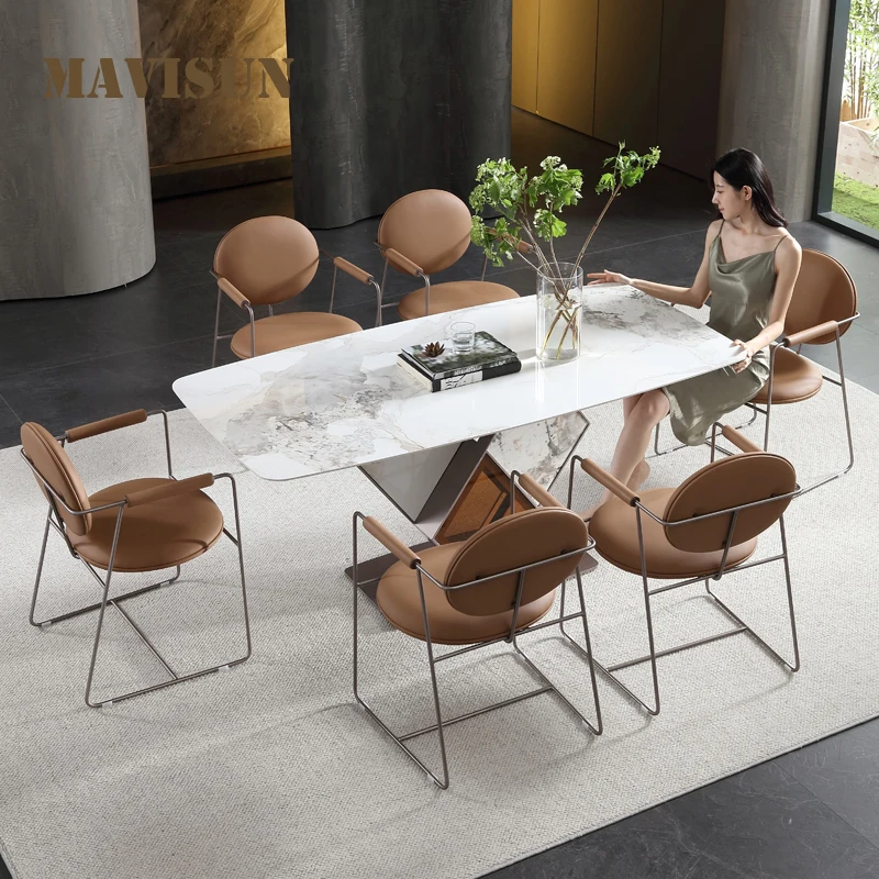Обеденный стол из светлого шифера, сочетание прямоугольного стола и стула, основание из коричневого стекла, мебель для салона Muebles в ресторане отеля